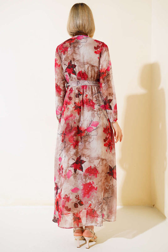 Mixed Pattern Double-Breasted Collar Dress Red