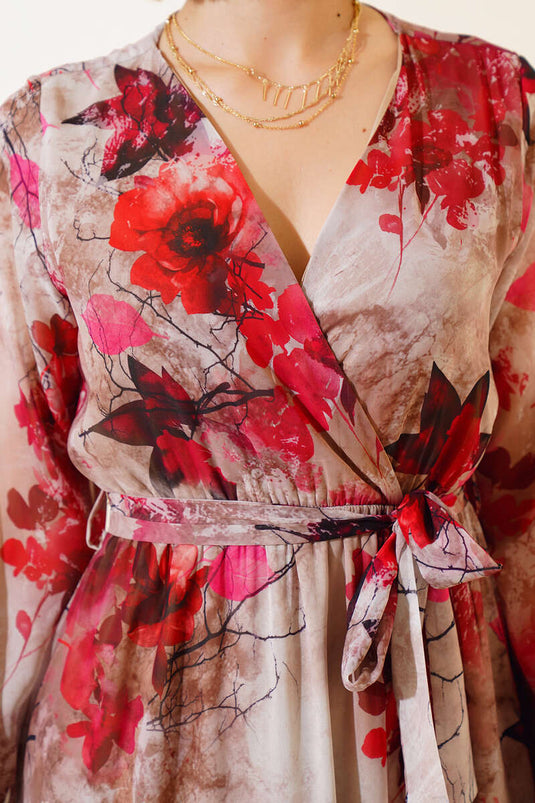 Mixed Pattern Double-Breasted Collar Dress Red