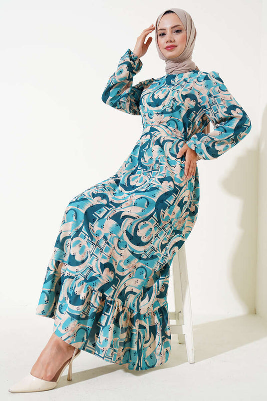 Karışık Desen Kuşaklı Elbise Petrol