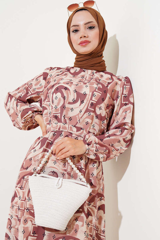 فستان بحزام ونمط مختلط تان