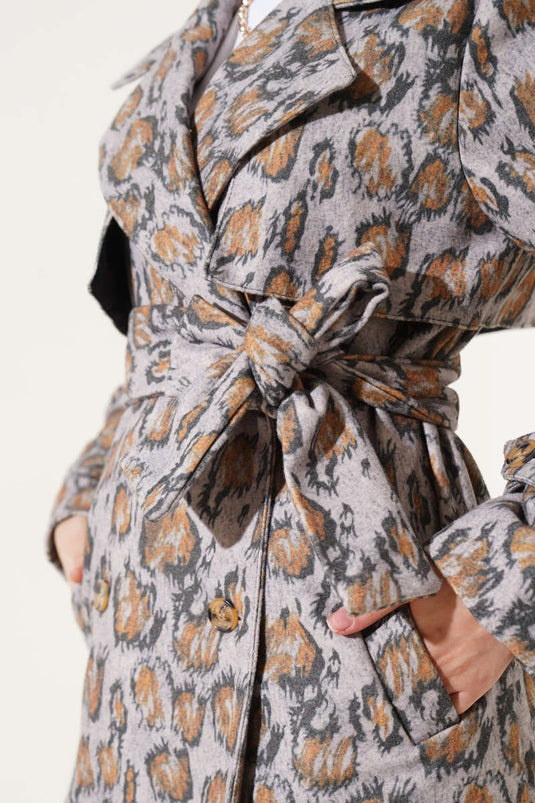 Mixed Pattern Belted Coat Beige