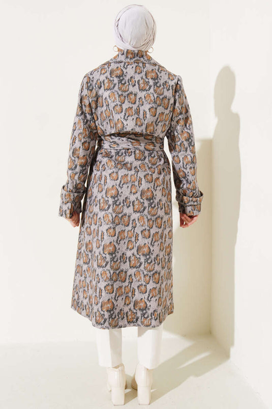 Mixed Pattern Belted Coat Beige