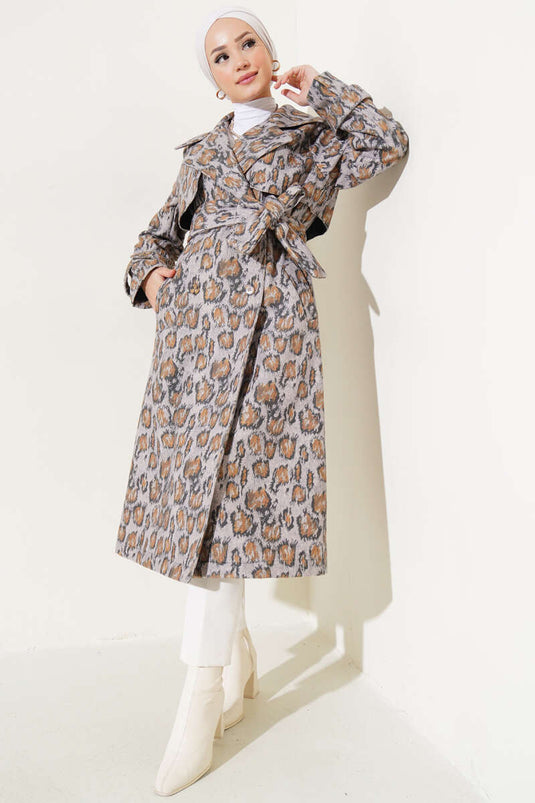 Mixed Pattern Belted Coat Beige