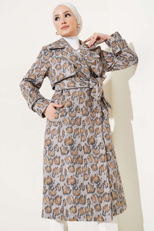 Mixed Pattern Belted Coat Beige