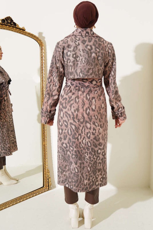 Abrigo con cinturón y estampado mixto Bronceado