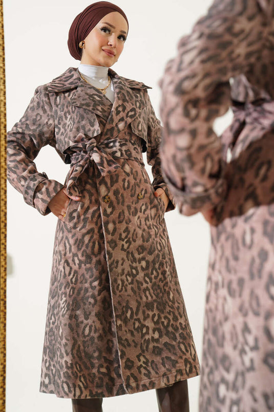 Mixed Pattern Belted Coat Tan