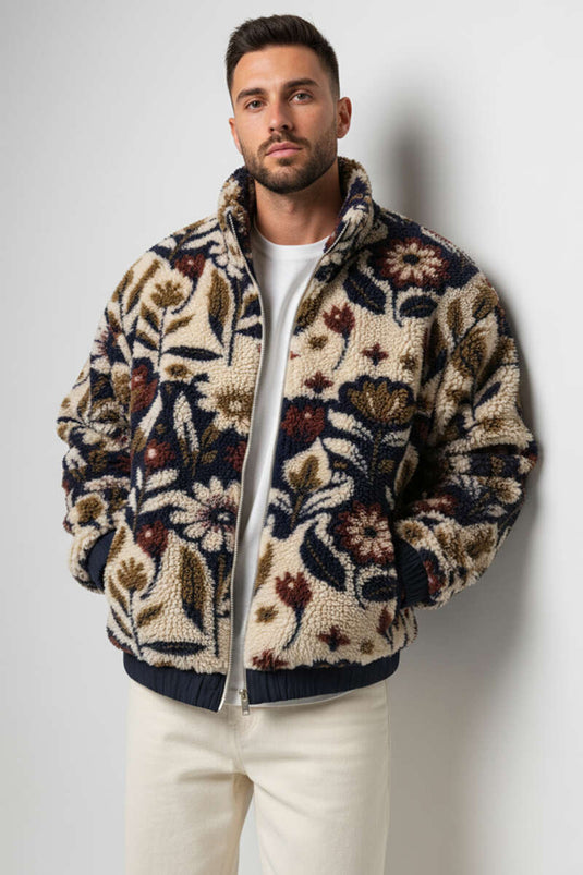 Mixed Pattern Plush Men's Jacket, Ecru Navy Blue