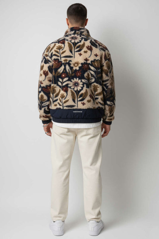 Mixed Pattern Plush Men's Jacket, Ecru Navy Blue