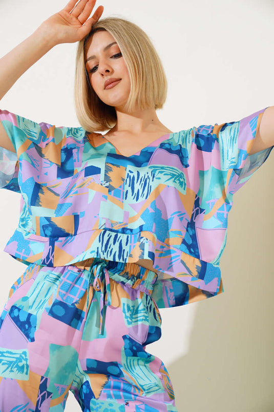 طقم من قطعتين من الساتان بنمط مختلط، لون نعناعي