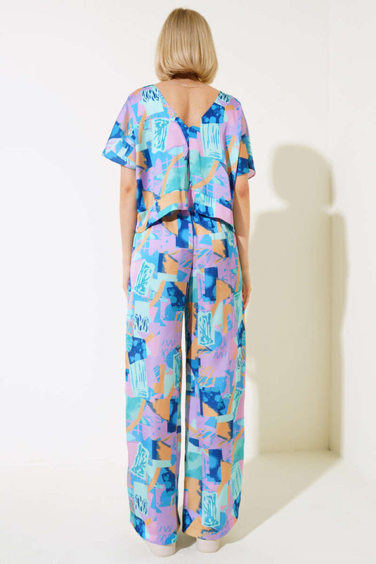 طقم من قطعتين من الساتان بنمط مختلط، لون نعناعي