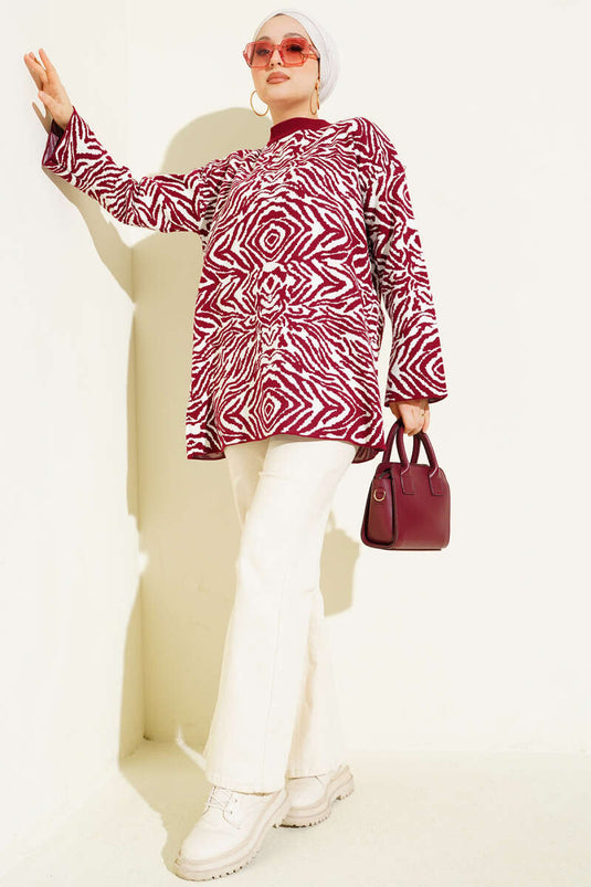 Karışık Desen Triko Tunik Bordo