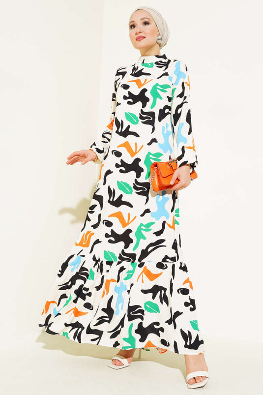 Karışık Desen Viskon Elbise Krem