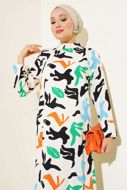 Karışık Desen Viskon Elbise Krem