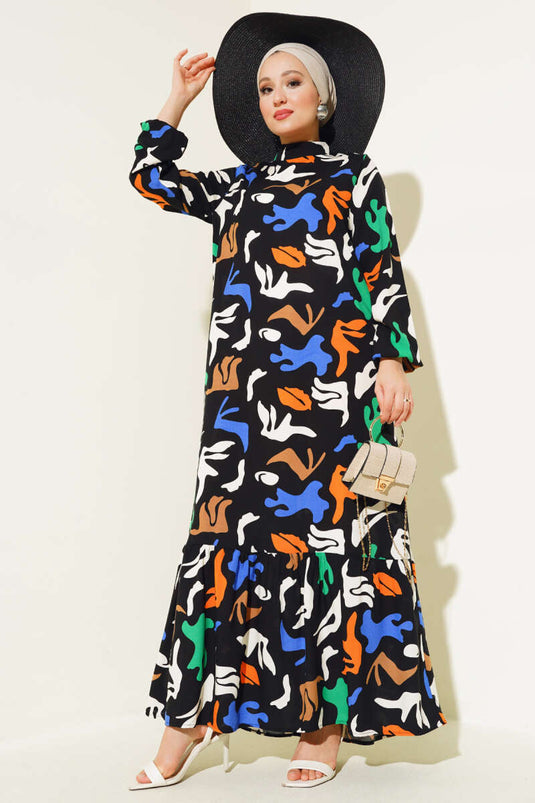 Karışık Desen Viskon Elbise Siyah