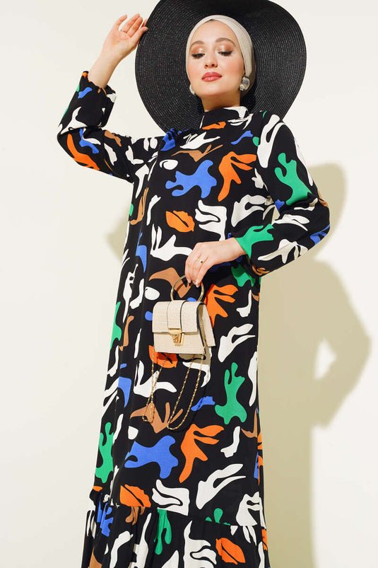 Karışık Desen Viskon Elbise Siyah