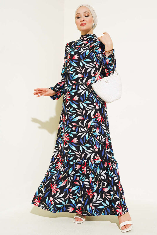 Karışık Desen Viskon Elbise Siyah Mavi