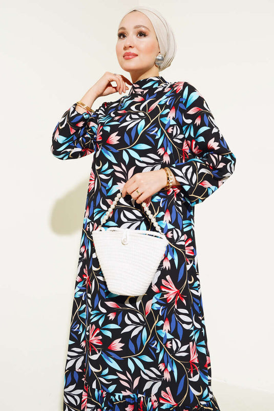 Karışık Desen Viskon Elbise Siyah Mavi