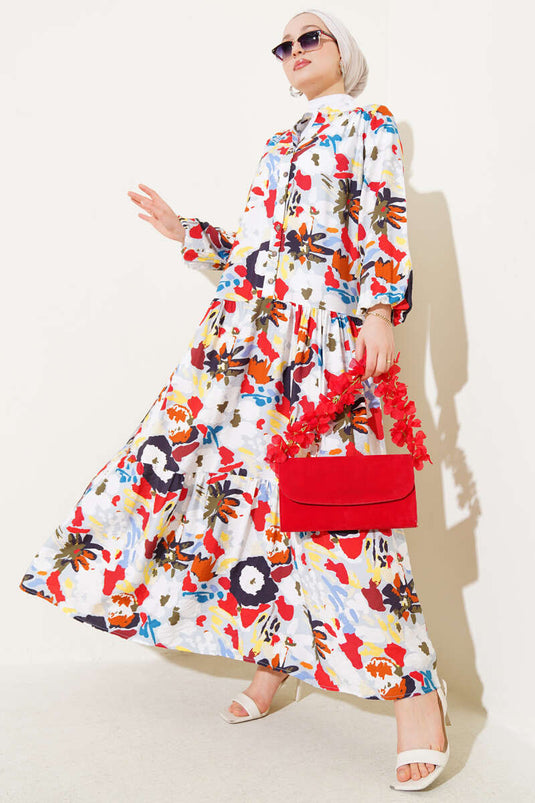 Karışık Desen Yarım Düğmeli Viskon Elbise Gri