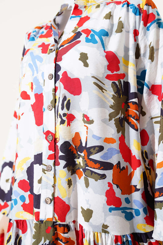 Karışık Desen Yarım Düğmeli Viskon Elbise Gri