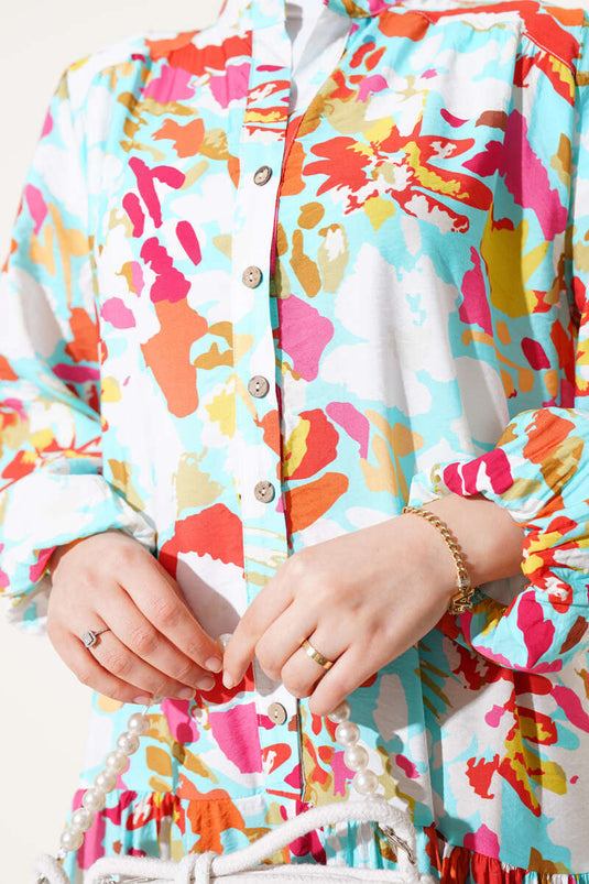 Karışık Desen Yarım Düğmeli Viskon Elbise Mint