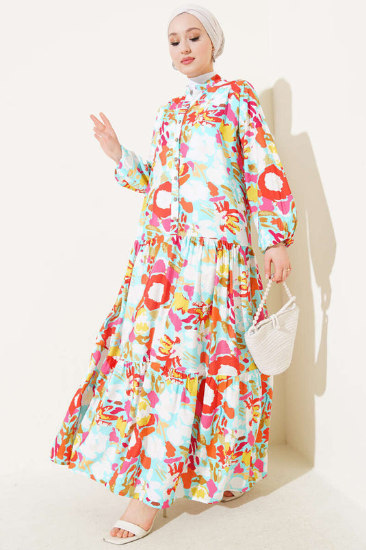 Karışık Desen Yarım Düğmeli Viskon Elbise Mint