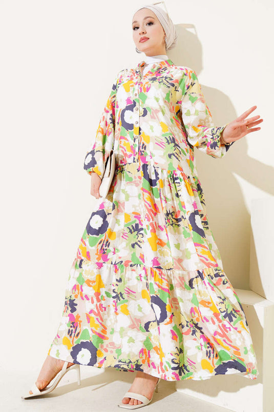 Karışık Desen Yarım Düğmeli Viskon Elbise Su Yeşili