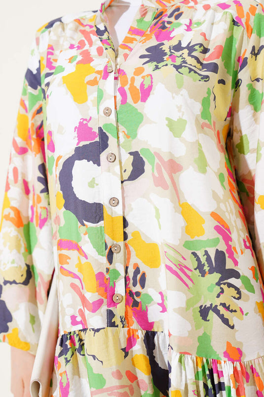 Karışık Desen Yarım Düğmeli Viskon Elbise Su Yeşili