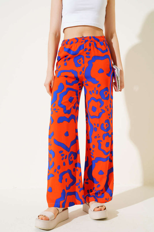 Mixed Patterned Elastic Waist Trousers Orange