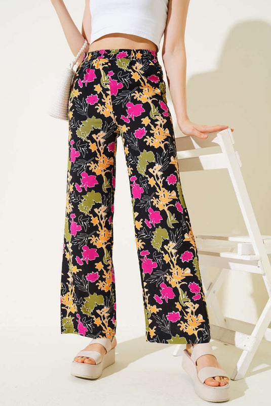Mixed Patterned Elastic Waist Trousers Black Mustard