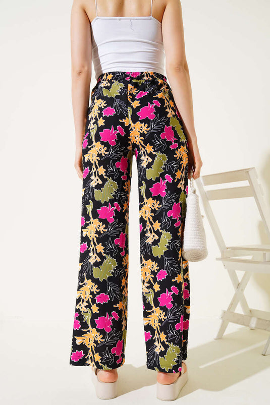 Mixed Patterned Elastic Waist Trousers Black Mustard