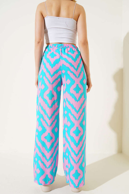 Mixed Patterned Elastic Waist Trousers Turquoise