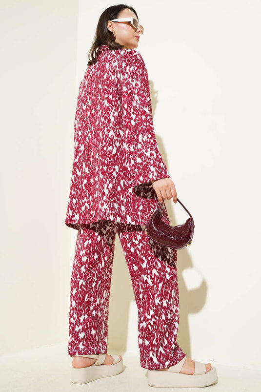 Mixed Patterned Crepe Kimono Two Piece Set Claret Red