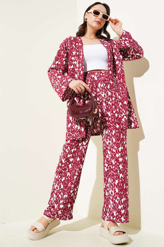 طقم كيمونو من قطعتين من الكريب بنقوش متنوعة، أحمر قرمزي