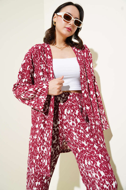 Mixed Patterned Crepe Kimono Two Piece Set Claret Red