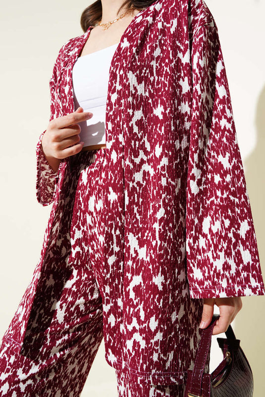 طقم كيمونو من قطعتين من الكريب بنقوش متنوعة، أحمر قرمزي