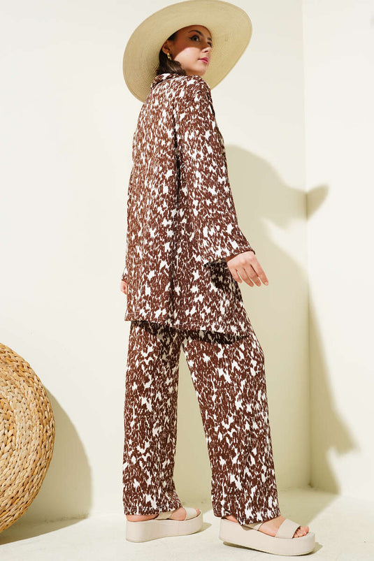Mixed Patterned Crepe Kimono Two Piece Set Brown