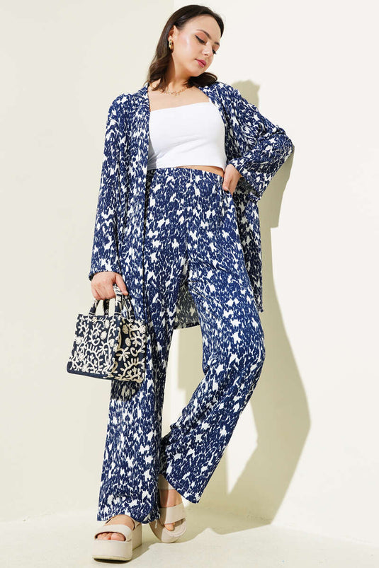 Mixed Patterned Crepe Kimono Two Piece Suit Navy Blue