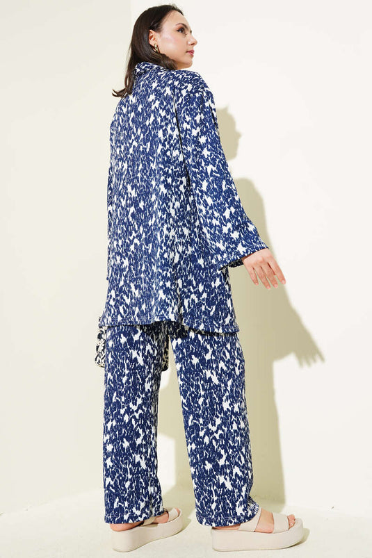 Mixed Patterned Crepe Kimono Two Piece Suit Navy Blue