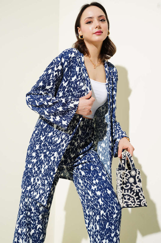 Mixed Patterned Crepe Kimono Two Piece Suit Navy Blue