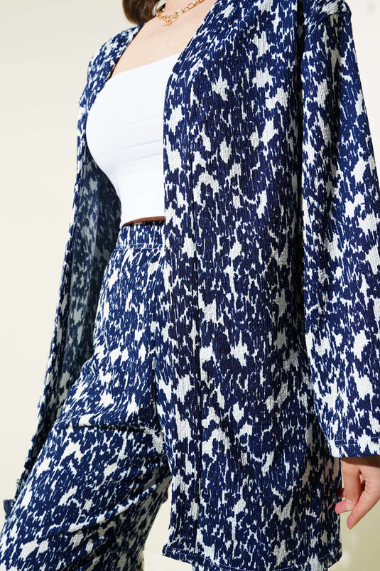 Mixed Patterned Crepe Kimono Two Piece Suit Navy Blue