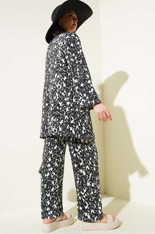 Mixed Patterned Crepe Kimono Two Piece Set Black