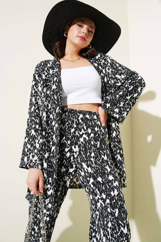Mixed Patterned Crepe Kimono Two Piece Set Black