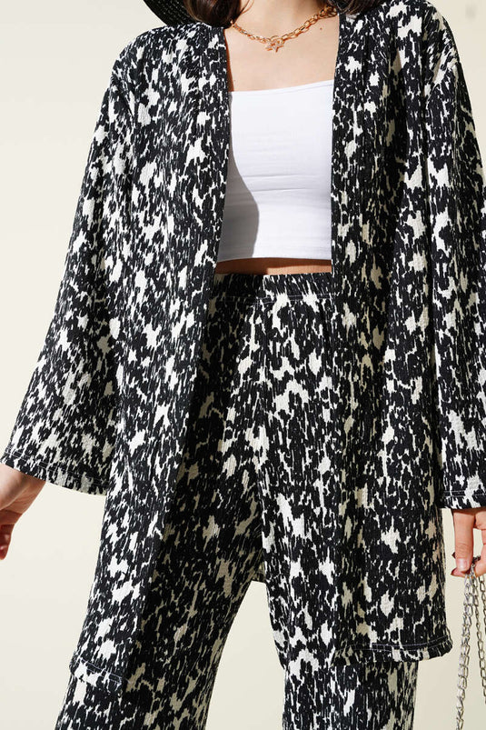 Mixed Patterned Crepe Kimono Two Piece Set Black
