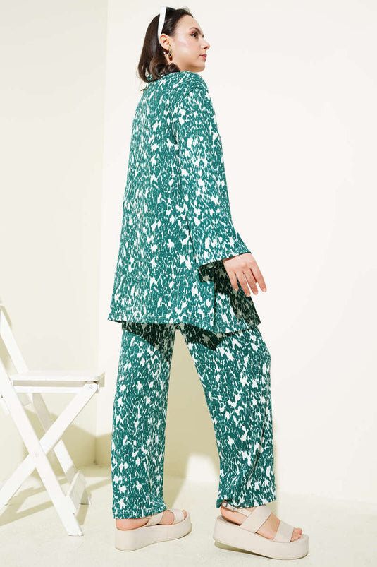 Mixed Patterned Crepe Kimono Two Piece Set Emerald