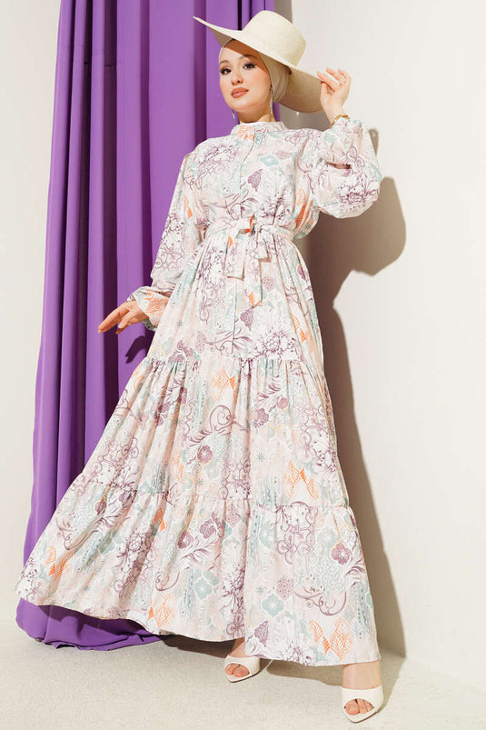 Mixed Pattern Buttoned Belted Dress Aqua Green