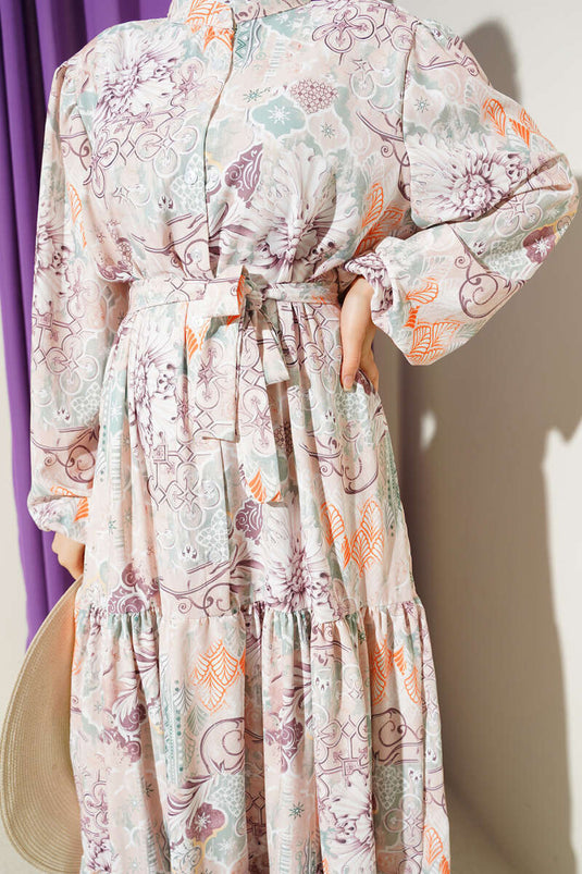 Mixed Pattern Buttoned Belted Dress Aqua Green