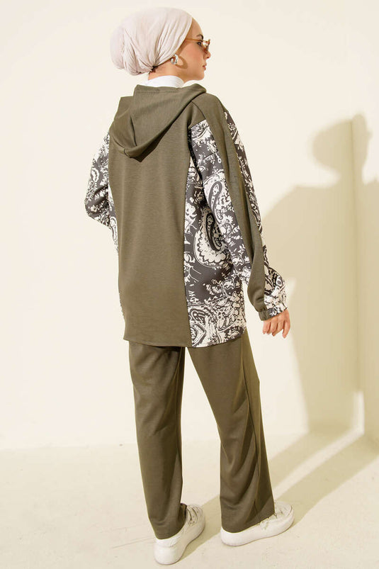 Mixed Patterned Zippered Two Piece Suit Khaki