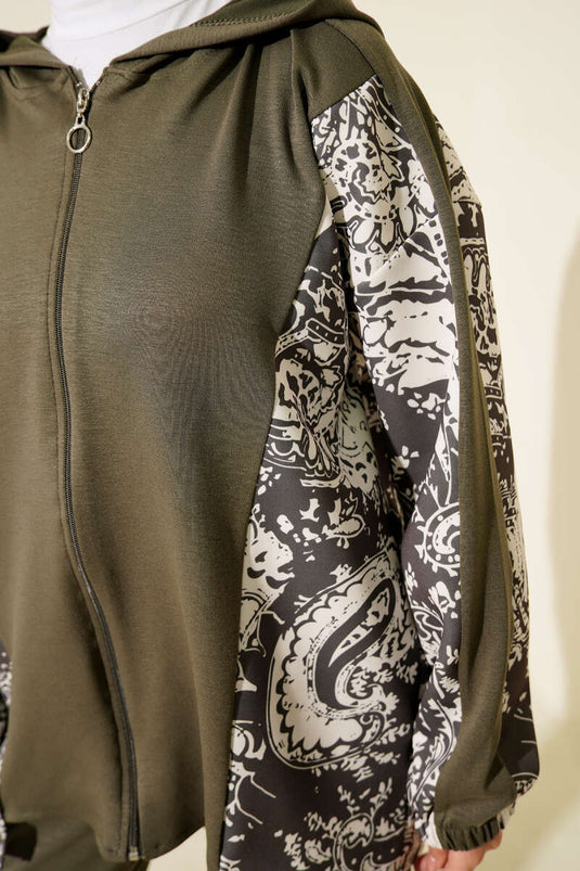 Mixed Patterned Zippered Two Piece Suit Khaki