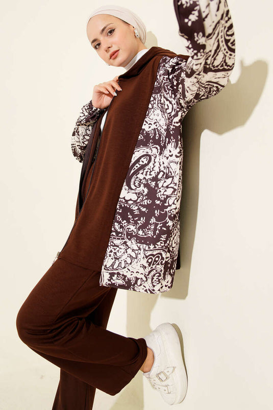 Karışık Desenli Fermuarlı İkili Takım Kahve