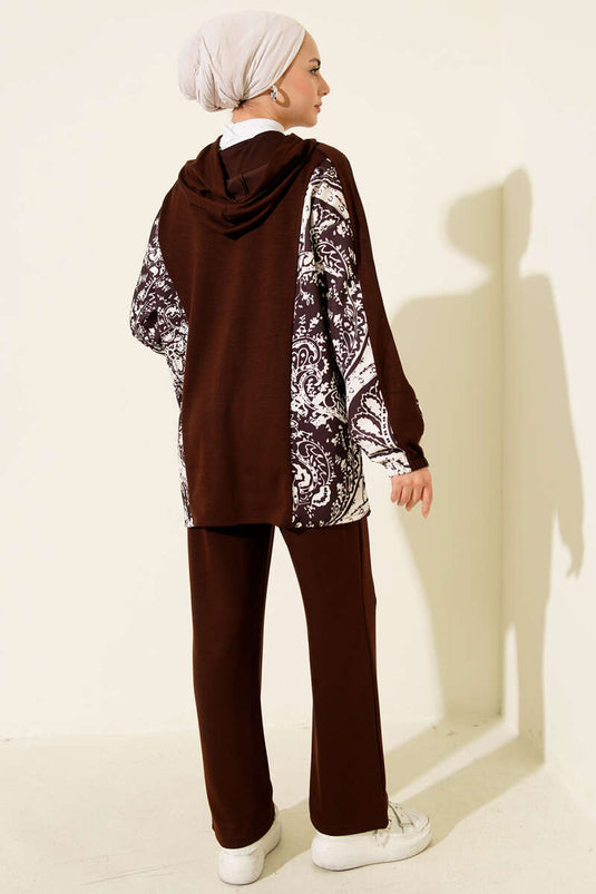 Karışık Desenli Fermuarlı İkili Takım Kahve